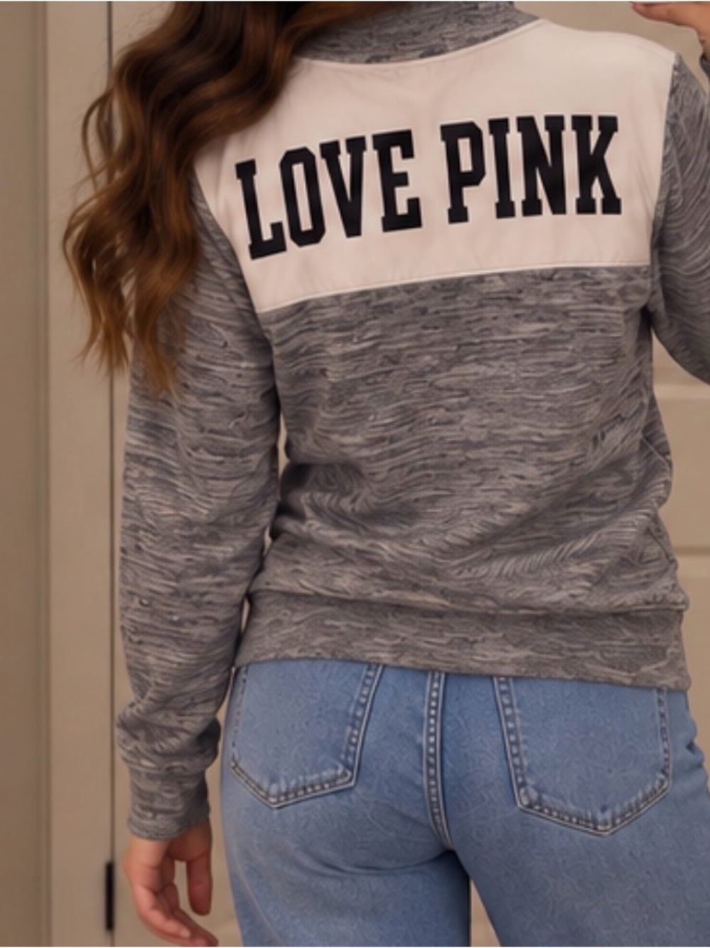 PINK Victoria's Secret Grey Marled 'Love PINK' Pullover with White Yoke